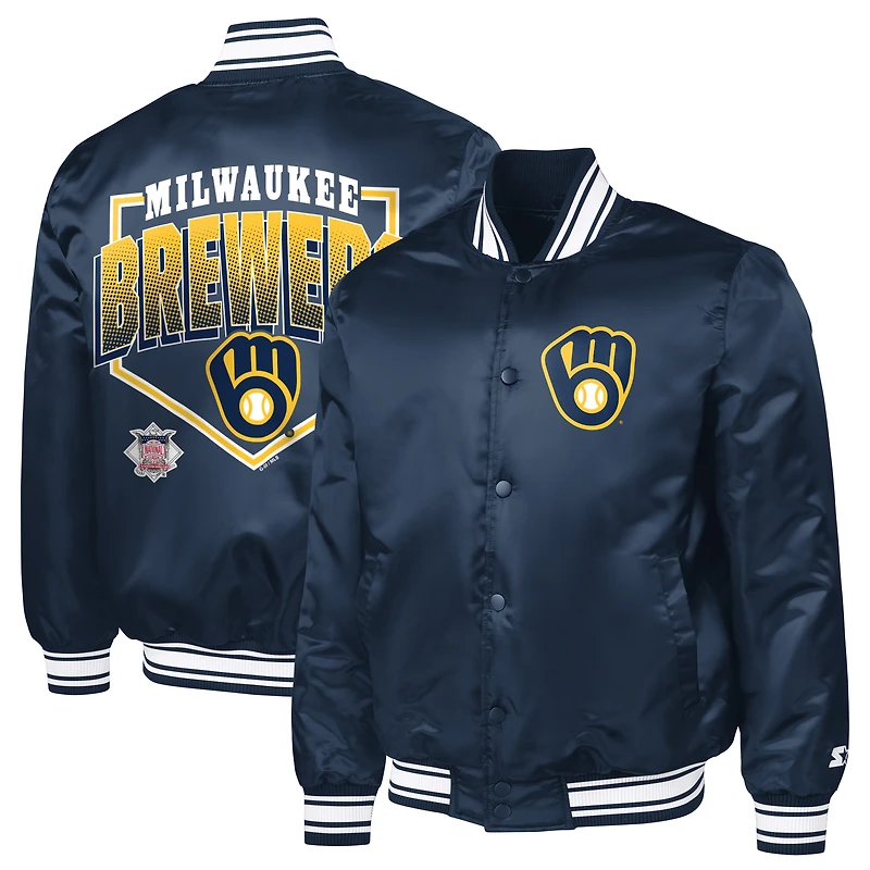 Men's Starter Navy Milwaukee Brewers Home Plate Printed Graphic Satin Full-Snap Varsity Jacket