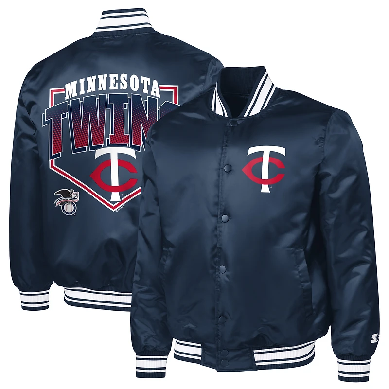 Men's Starter Navy Minnesota Twins Home Plate Printed Graphic Satin Full-Snap Varsity Jacket