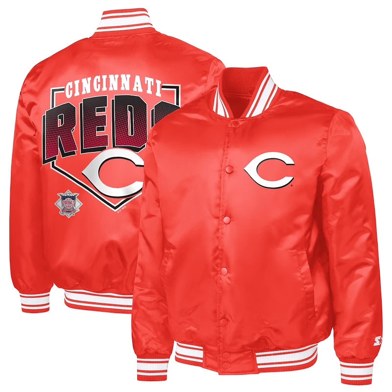 Men's Starter  Red Cincinnati Reds Home Plate Printed Graphic Satin Full-Snap Varsity Jacket