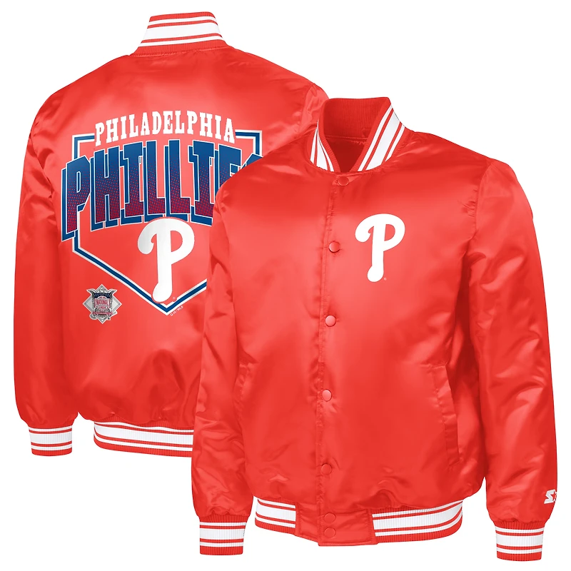 Men's Starter Red Philadelphia Phillies Home Plate Printed Graphic Satin Full-Snap Varsity Jacket