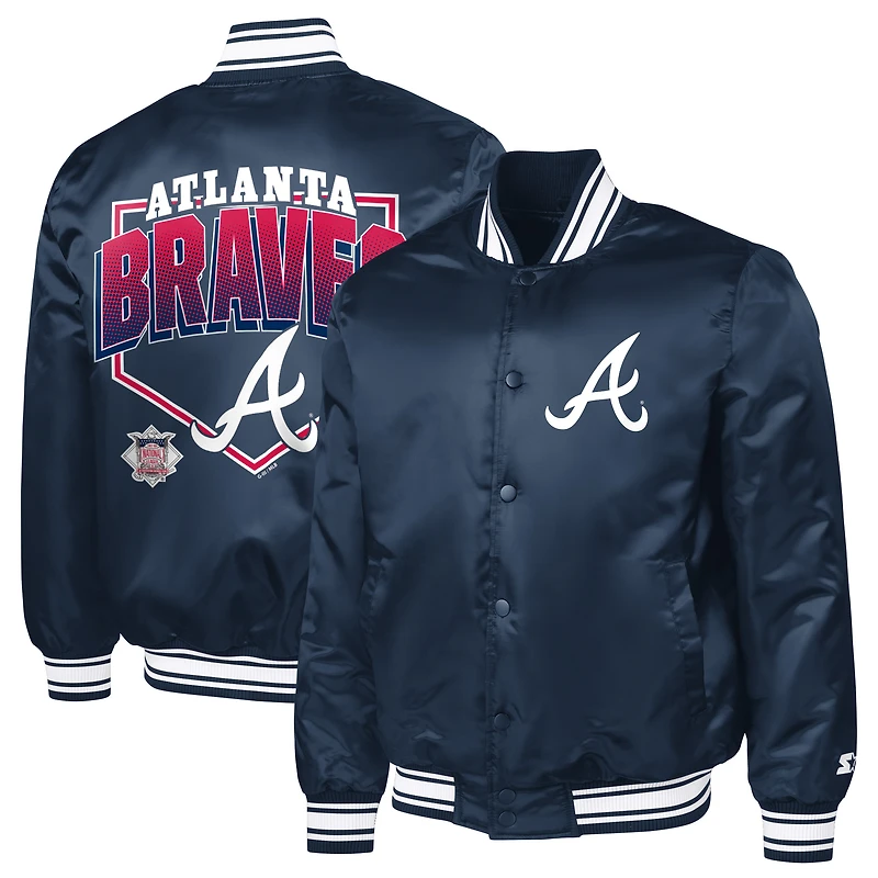 Men's Starter Navy Atlanta Braves Home Plate Printed Graphic Satin Full-Snap Varsity Jacket