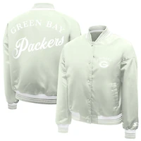 Women's Starter  Sage Green Green Bay Packers Fashion Script Satin Varsity Jacket