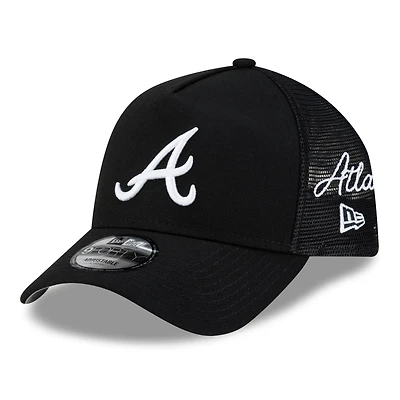 Men's New Era Black Atlanta Braves Side Script 9FORTY A-Frame Trucker Adjustable Hat