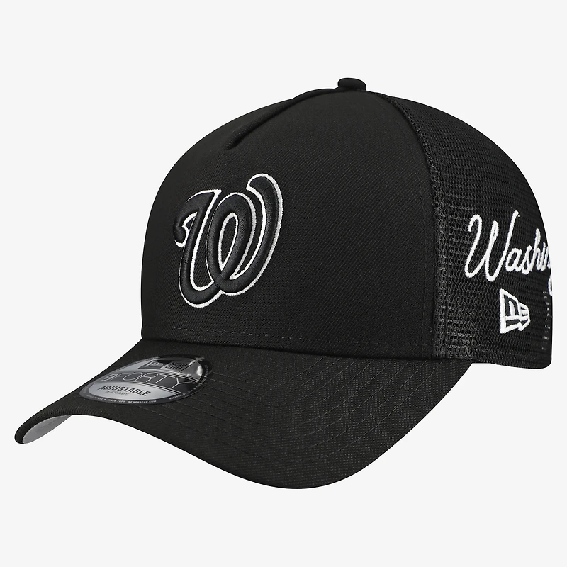 Men's New Era Black Washington Nationals Side Script 9FORTY A-Frame Trucker Adjustable Hat