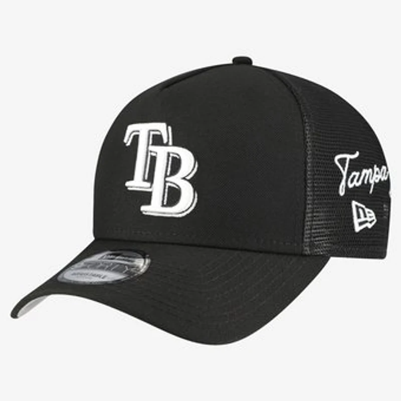 Men's New Era Black Tampa Bay Rays Side Script 9FORTY A-Frame Trucker Adjustable Hat