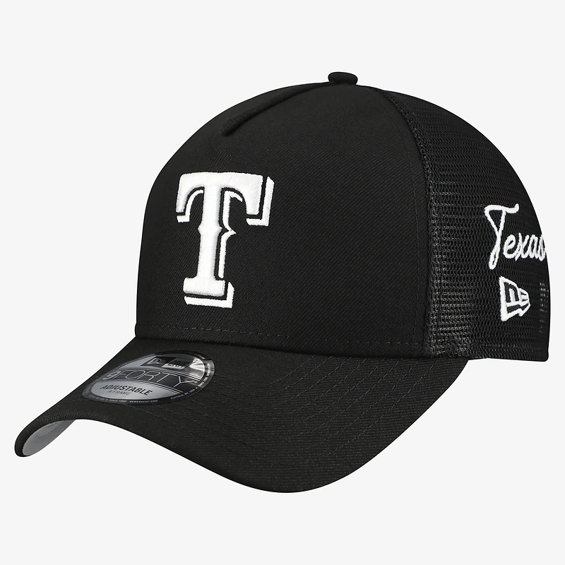Men's New Era Black Texas Rangers Side Script 9FORTY A-Frame Trucker Adjustable Hat