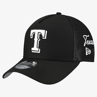 Men's New Era Black Texas Rangers Side Script 9FORTY A-Frame Trucker Adjustable Hat
