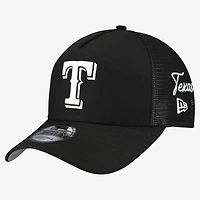 Men's New Era Black Texas Rangers Side Script 9FORTY A-Frame Trucker Adjustable Hat