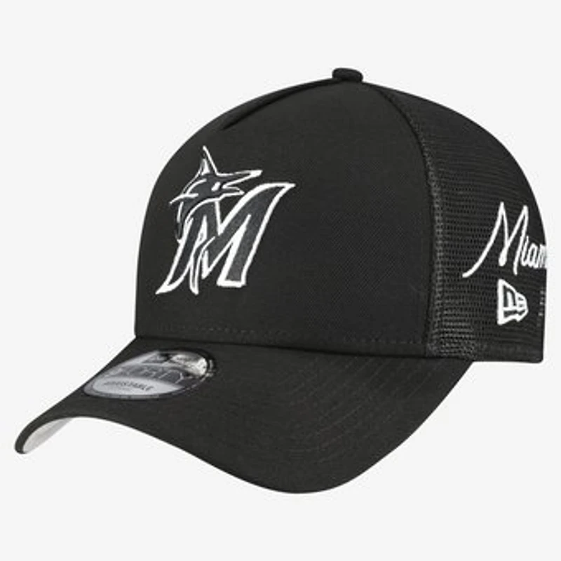 Men's New Era Black Miami Marlins Side Script 9FORTY A-Frame Trucker Adjustable Hat