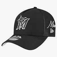 Men's New Era Black Miami Marlins Side Script 9FORTY A-Frame Trucker Adjustable Hat