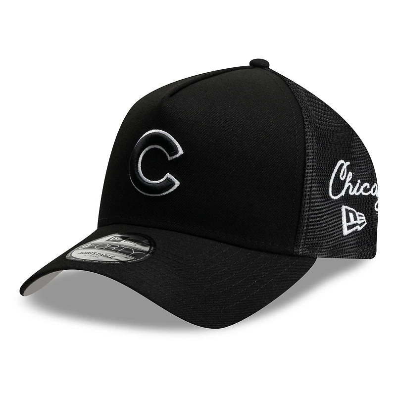 Men's New Era Black Chicago Cubs Side Script 9FORTY A-Frame Trucker Adjustable Hat