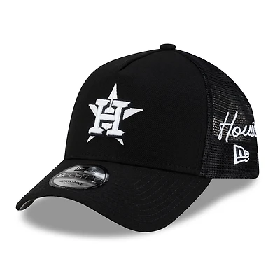 Men's New Era Black Houston Astros Side Script 9FORTY A-Frame Trucker Adjustable Hat