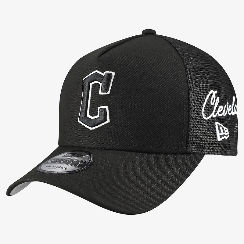 Men's New Era Black Cleveland Guardians Side Script 9FORTY A-Frame Trucker Adjustable Hat