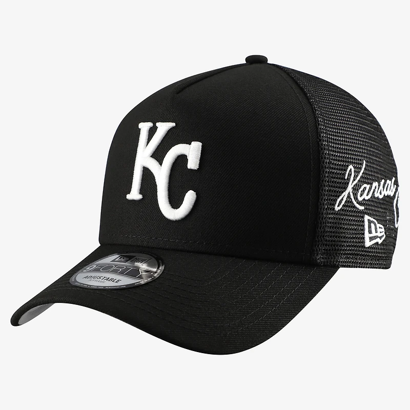 Men's New Era Black Kansas City Royals Side Script 9FORTY A-Frame Trucker Adjustable Hat