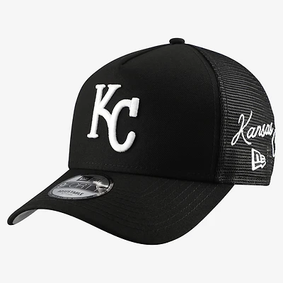 Men's New Era Black Kansas City Royals Side Script 9FORTY A-Frame Trucker Adjustable Hat