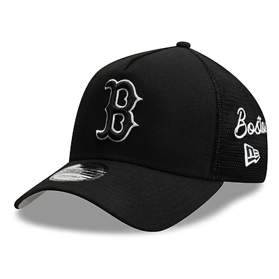 Men's New Era Black Boston Red Sox Side Script 9FORTY A-Frame Trucker Adjustable Hat