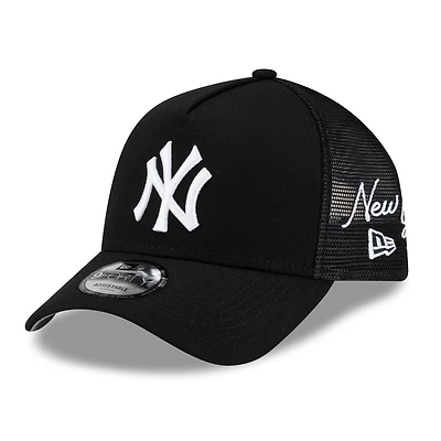 Men's New Era Black New York Yankees Side Script 9FORTY A-Frame Trucker Adjustable Hat