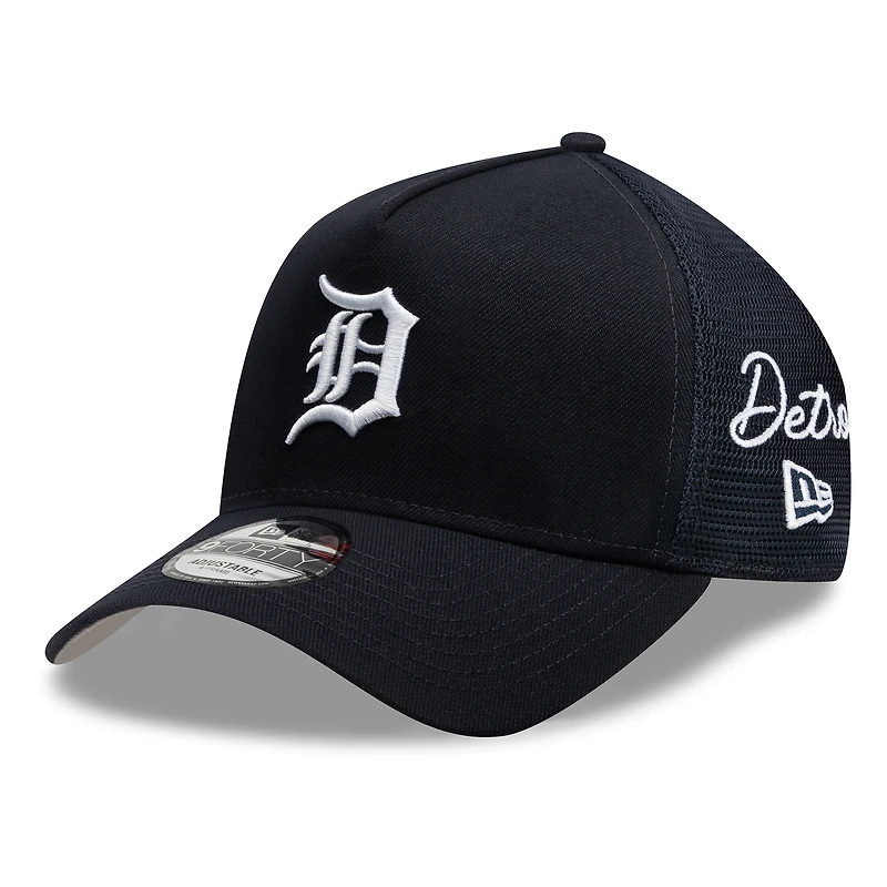 Men's New Era Navy Detroit Tigers Side Script 9FORTY A-Frame Trucker Adjustable Hat