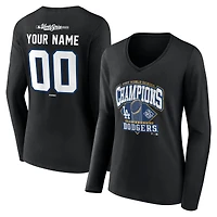 Women's Black Los Angeles Dodgers 2025 World Series Champions Custom Name & Number Long Sleeve V-Neck T-Shirt