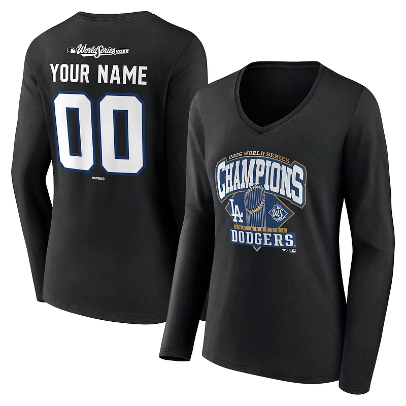 Women's Black Los Angeles Dodgers 2025 World Series Champions Custom Name & Number Long Sleeve V-Neck T-Shirt