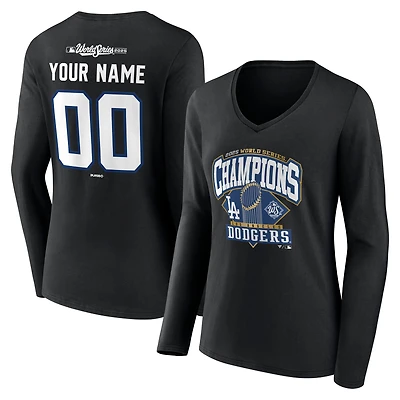 Women's Black Los Angeles Dodgers 2025 World Series Champions Custom Name & Number Long Sleeve V-Neck T-Shirt