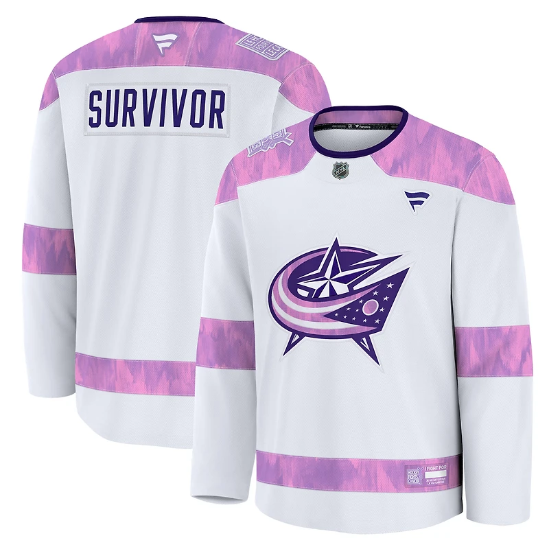 Men's Fanatics White Columbus Blue Jackets Hockey Fights Cancer Survivor Practice Jersey