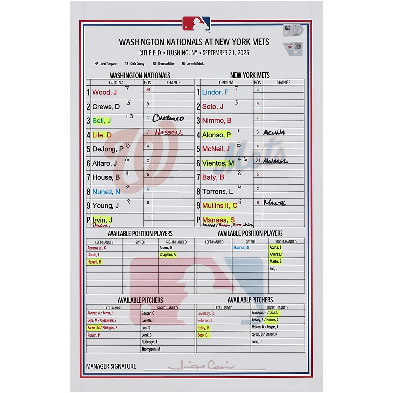Washington Nationals Game-Used Lineup Card vs. New York Mets on September 21, 2025