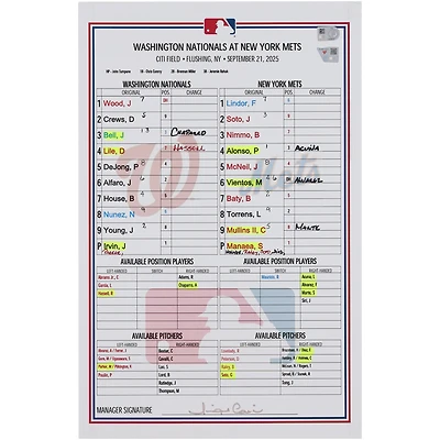 Washington Nationals Game-Used Lineup Card vs. New York Mets on September 21, 2025