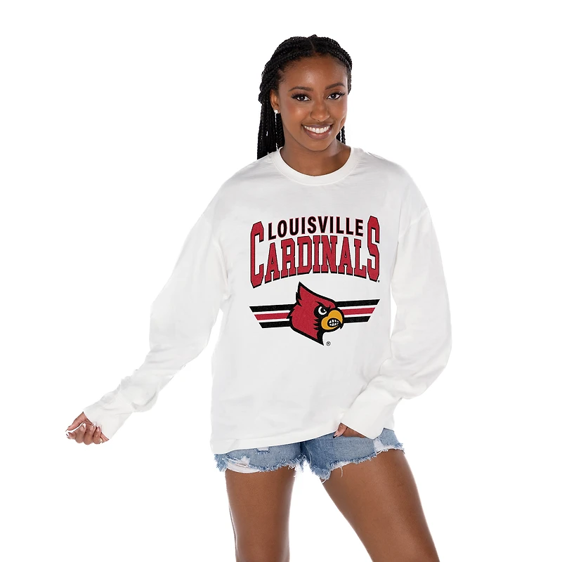 Women's Gameday Couture White Louisville Cardinals Oversized Swift Strike Long Sleeve T-Shirt