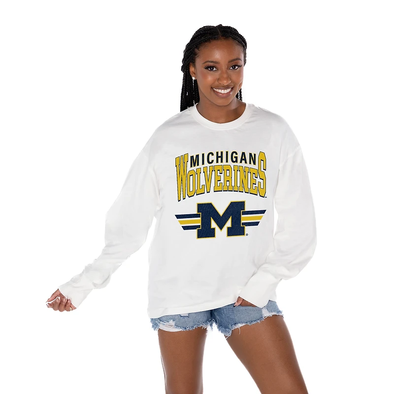 Women's Gameday Couture White Michigan Wolverines Oversized Swift Strike Long Sleeve T-Shirt