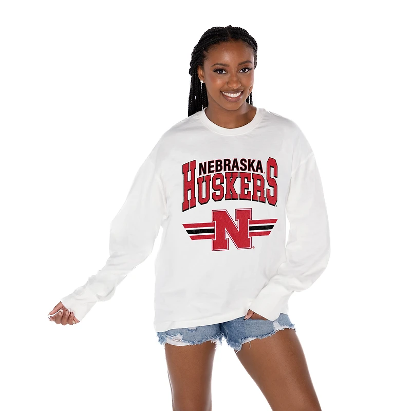 Women's Gameday Couture White Nebraska Huskers Oversized Swift Strike Long Sleeve T-Shirt