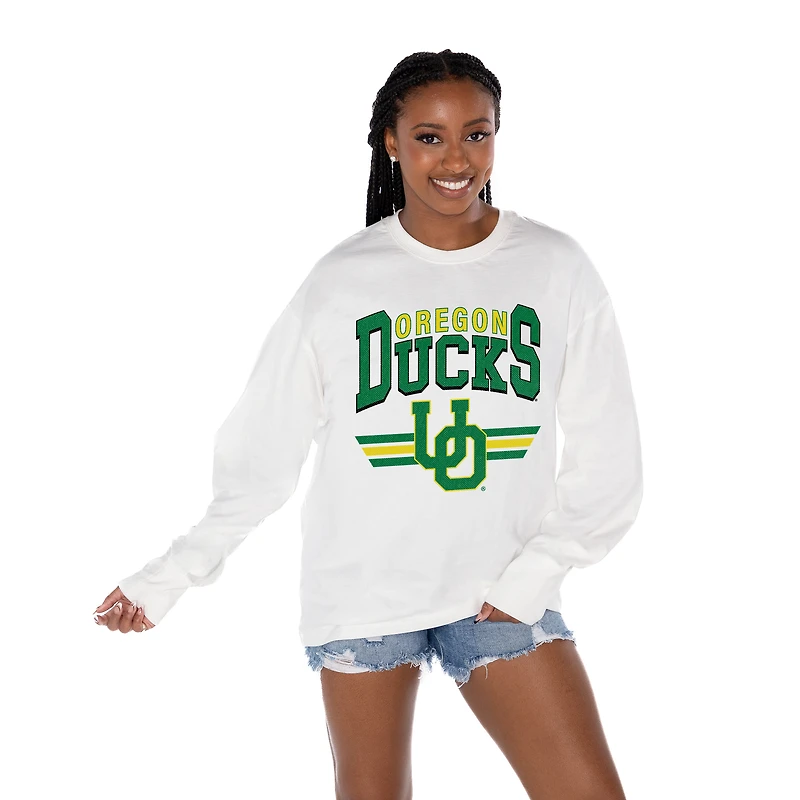 Women's Gameday Couture White Oregon Ducks Oversized Swift Strike Long Sleeve T-Shirt
