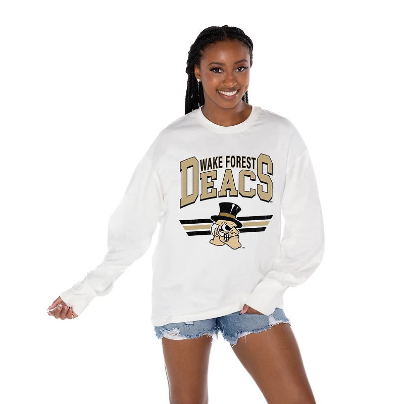 Women's Gameday Couture White Wake Forest Demon Deacons Oversized Swift Strike Long Sleeve T-Shirt