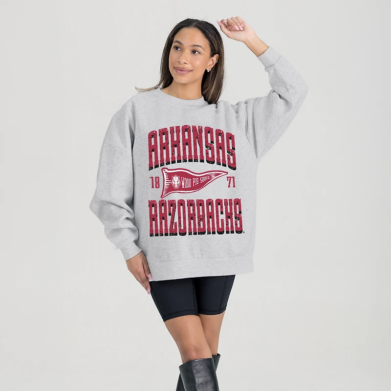 Women's Gameday Couture Ash Arkansas Razorbacks Oversized Pennant Pride Premium Fleece Sweatshirt