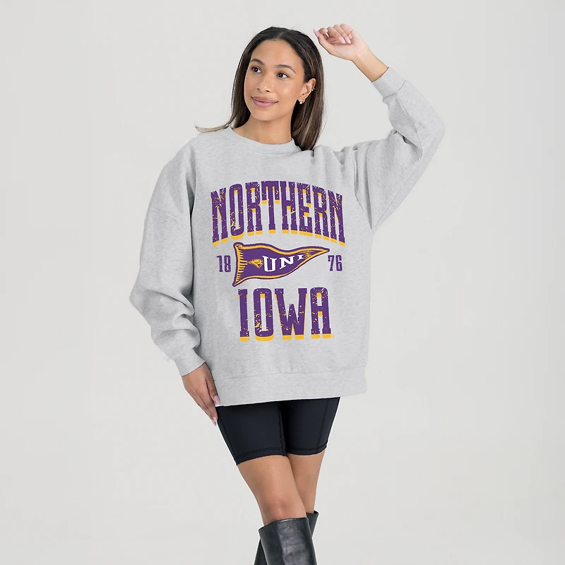 Women's Gameday Couture Ash Northern Iowa Panthers Oversized Pennant Pride Premium Fleece Sweatshirt