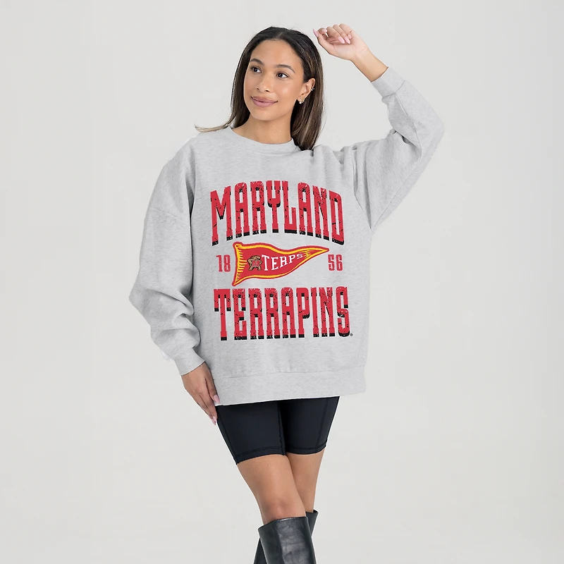 Women's Gameday Couture Ash Maryland Terrapins Oversized Pennant Pride Premium Fleece Sweatshirt
