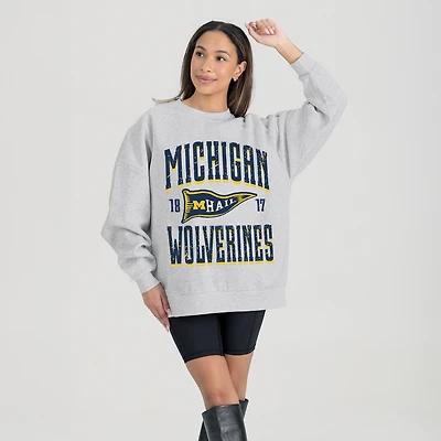 Women's Gameday Couture Ash Michigan Wolverines Oversized Pennant Pride Premium Fleece Sweatshirt