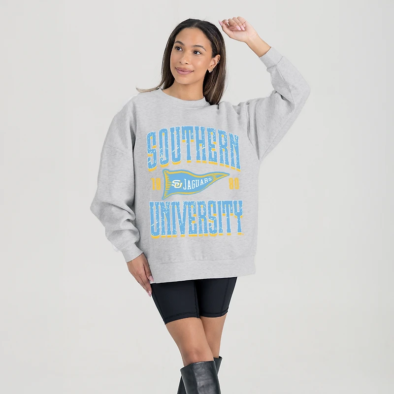 Women's Gameday Couture Ash Southern University Jaguars Oversized Pennant Pride Premium Fleece Sweatshirt