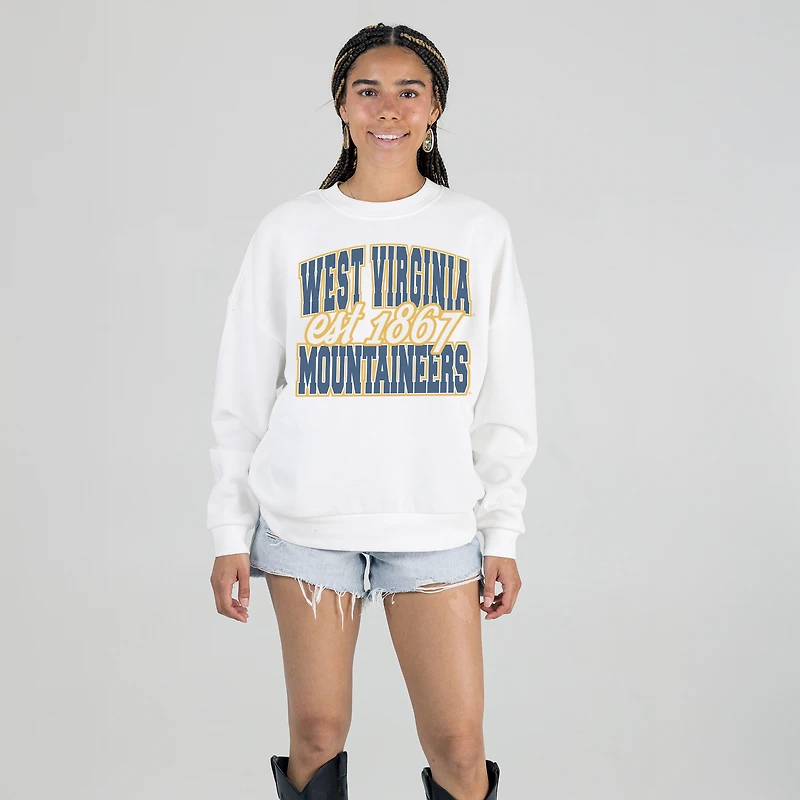 Women's Gameday Couture White West Virginia Mountaineers Oversized Faded Formation Premium Fleece Sweatshirt