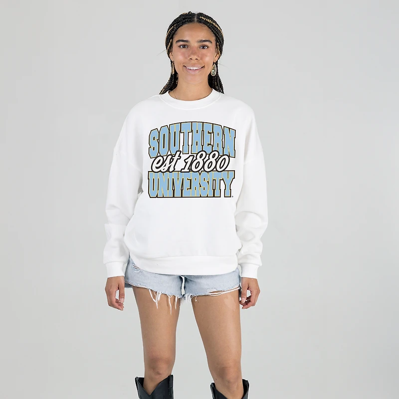 Women's Gameday Couture White Southern University Jaguars Oversized Faded Formation Premium Fleece Sweatshirt