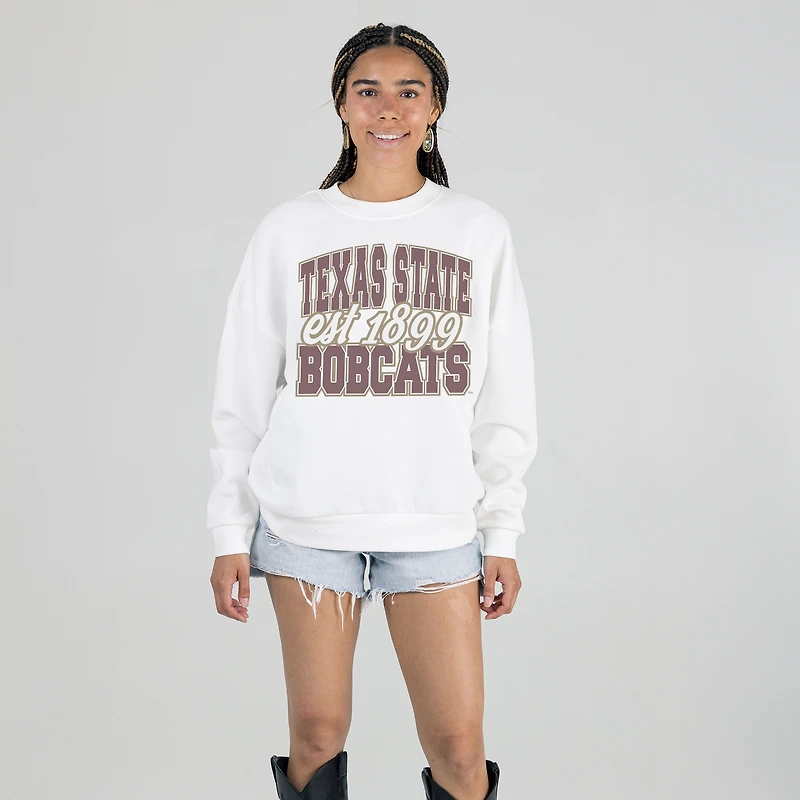Women's Gameday Couture White Texas State Bobcats Oversized Faded Formation Premium Fleece Sweatshirt