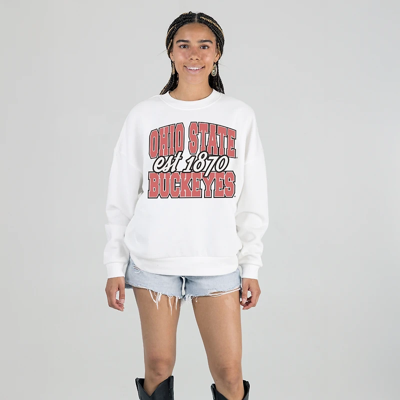 Women's Gameday Couture White Ohio State Buckeyes Oversized Faded Formation Premium Fleece Sweatshirt