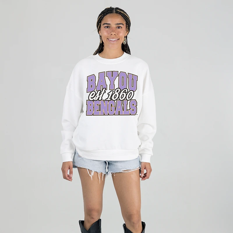 Women's Gameday Couture White LSU Tigers Oversized Faded Formation Premium Fleece Sweatshirt