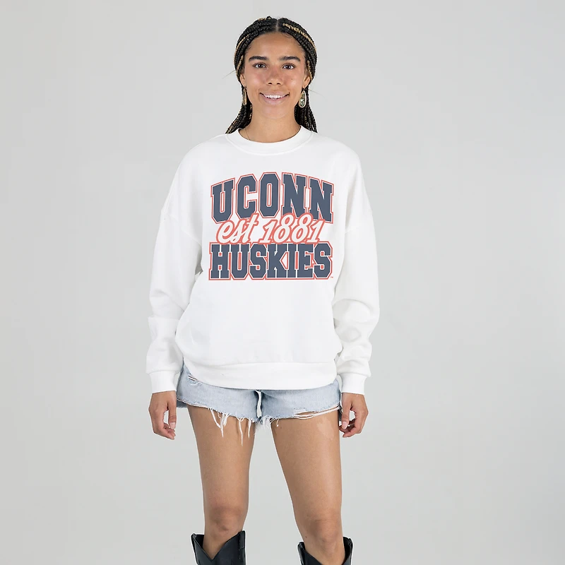Women's Gameday Couture White UConn Huskies Oversized Faded Formation Premium Fleece Sweatshirt