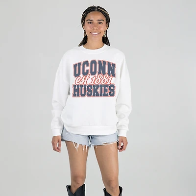 Women's Gameday Couture White UConn Huskies Oversized Faded Formation Premium Fleece Sweatshirt