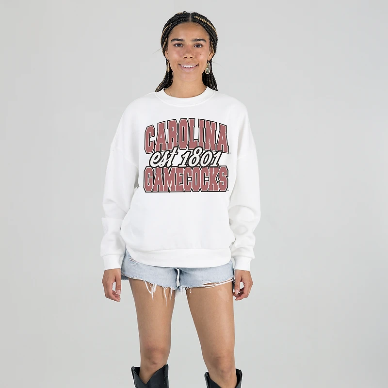 Women's Gameday Couture White South Carolina Gamecocks Oversized Faded Formation Premium Fleece Sweatshirt