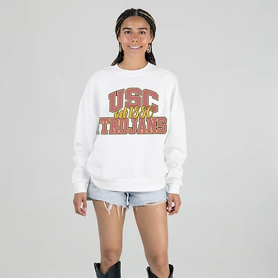 Women's Gameday Couture White USC Trojans Oversized Faded Formation Premium Fleece Sweatshirt