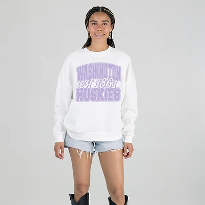 Women's Gameday Couture White Washington Huskies Oversized Faded Formation Premium Fleece Sweatshirt