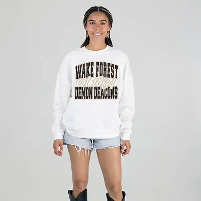 Women's Gameday Couture White Wake Forest Demon Deacons Oversized Faded Formation Premium Fleece Sweatshirt