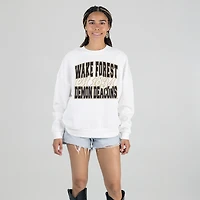 Women's Gameday Couture White Wake Forest Demon Deacons Oversized Faded Formation Premium Fleece Sweatshirt